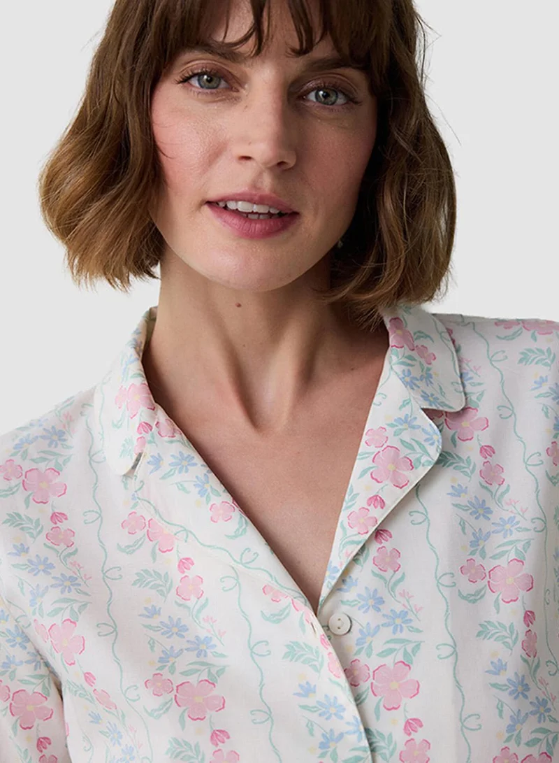 بنتي Cute Flowers Floral Shirt Collar Long Sleeve Pajama Set